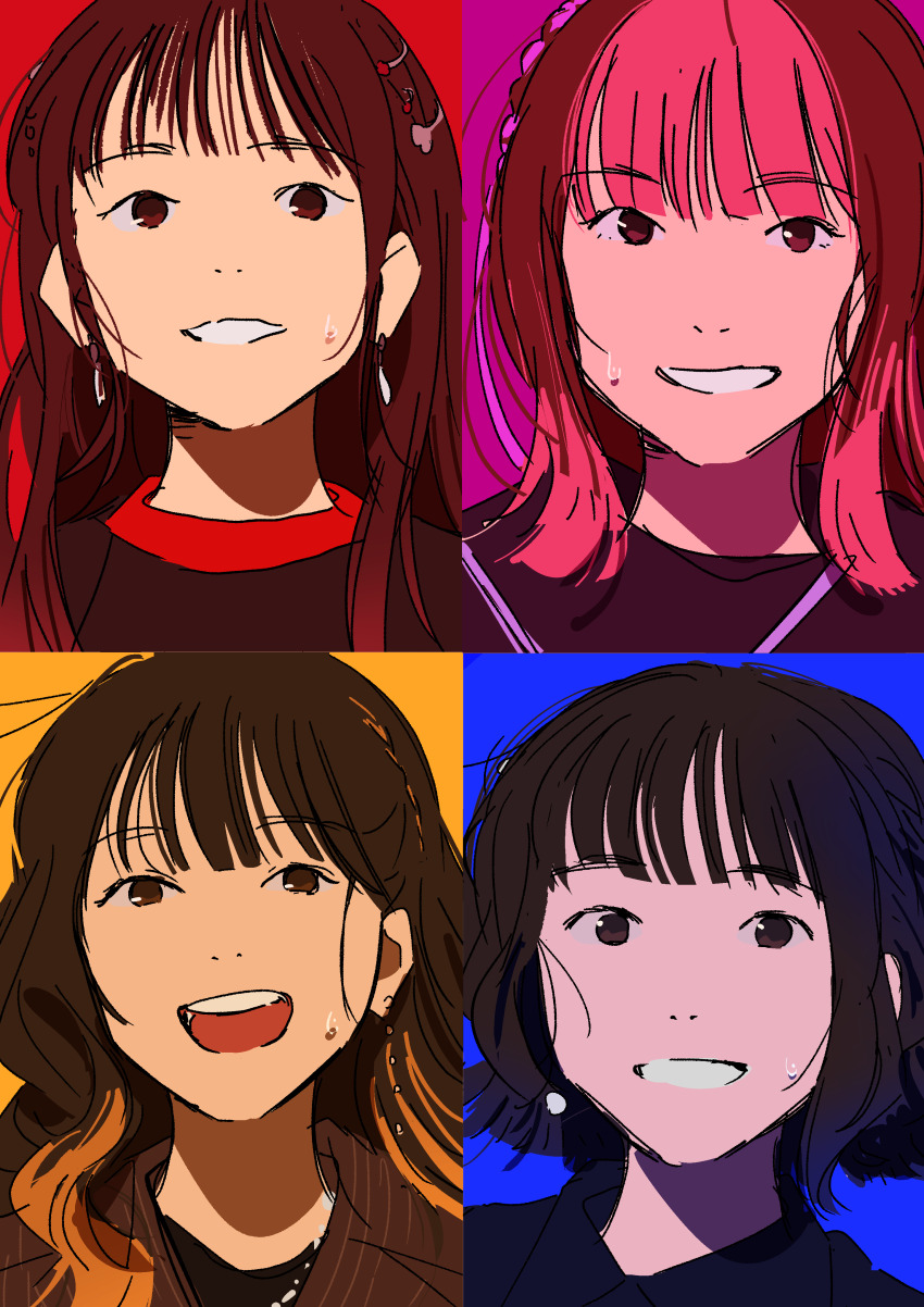 4girls :d absurdres animification aoyama_yoshino bad_id bad_twitter_id black_shirt blonde_hair bocchi_the_rock! brown_eyes brown_hair collared_shirt grin hasegawa_ikumi highres inactive_account kerorira long_hair looking_at_viewer mizuno_saku multicolored_hair multiple_girls open_mouth pink_hair portrait real_life shirt short_hair smile suzushiro_sayumi sweatdrop voice_actor