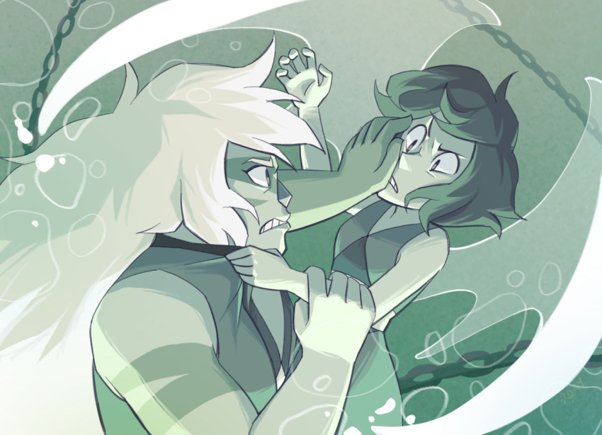 2girls air_bubble angry biceps bubble chain clenched_teeth colored_skin commentary crop_top daycolors elemental_wings english_commentary fighting gem grabbing_another&#039;s_arm green_theme jasper_(steven_universe) lapis_lazuli_(steven_universe) liquid_wings long_hair looking_at_another monochrome multicolored_skin multiple_girls muscular muscular_female open_hand profile pushing_away pushing_face scowl short_hair skirt steven_universe submerged tank_top teeth two-tone_shirt two-tone_skin underwater v-shaped_eyebrows