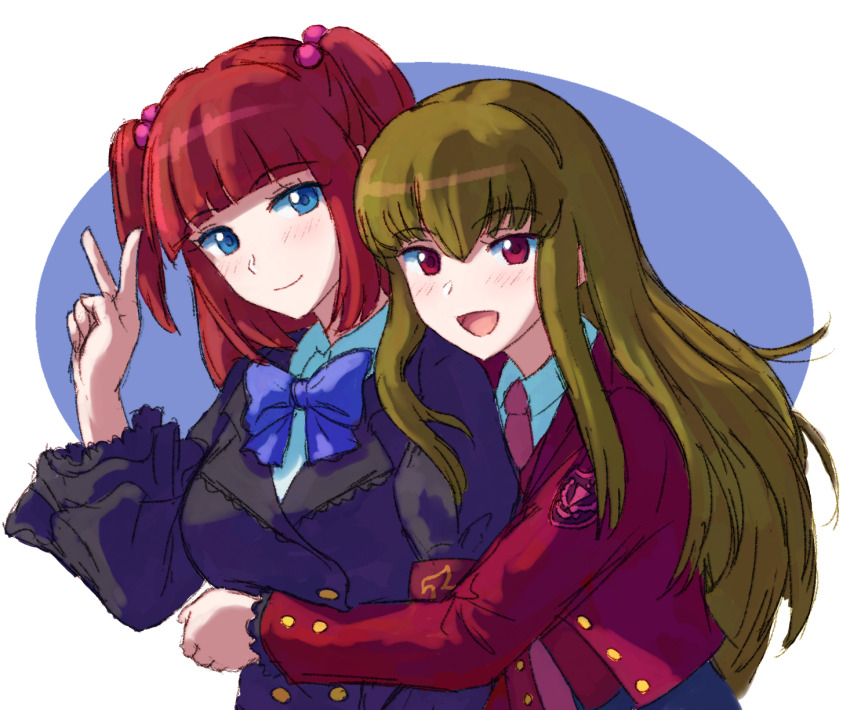 2girls :d armband black_jacket blonde_hair blue_eyes blunt_bangs bow bowtie breasts buttons closed_mouth collared_shirt emblem hair_between_eyes hair_bobbles hair_ornament hand_up highres hug jacket long_hair long_sleeves looking_at_viewer mammon_(umineko) medium_breasts multiple_girls necktie open_mouth pink_necktie purple_bow purple_bowtie red_eyes red_hair shirt smile two_side_up umineko_no_naku_koro_ni ushiromiya_ange v white_shirt zawabug