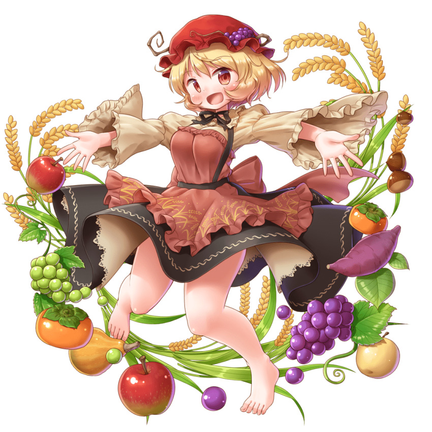 1girl aki_minoriko apple apron arinu barefoot black_skirt blonde_hair blush breasts food food_request fruit game_cg grape_hat_ornament grapes hakurei_frontier_spell_strive hat leaf long_sleeves mob_cap official_art open_mouth orange_apron persimmon red_eyes red_hat skirt smile solo sweet_potato third-party_source toes touhou transparent_background wheat wide_sleeves