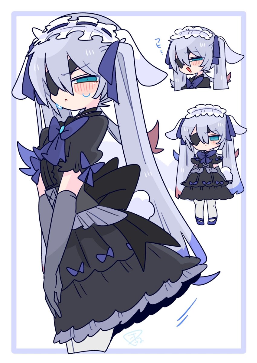 1boy animal_ears back_bow black_bow black_choker black_corset black_shirt black_skirt blue_bow blue_bowtie blue_eyes blue_hair blue_shoes blush bow bowtie choker closed_mouth collared_shirt colored_tips commentary corset covering_crotch covering_privates cowboy_shot crossdressing crossdressing_(mtf) double-parted_bangs ears_down elbow_gloves embarrassed expressionless eyepatch fang flipped_hair frilled_shirt frilled_skirt frilled_sleeves frills from_side frown full_body furrowed_brow gloves grey_gloves hair_between_eyes hair_bow hairband highres large_bow layered_skirt long_hair looking_at_viewer male_focus multicolored_hair multiple_views narrowed_eyes no_nose one_eye_covered op_na_yarou open_mouth original pantyhose portrait quad_tails rabbit_boy rabbit_ears rabbit_tail red_hair rigel_(op_na_yarou) shirt shoes short_sleeves sidelocks simple_background skirt standing straight_hair sweatdrop tail trap v_arms very_long_hair watermark white_background white_hair white_hairband white_pantyhose