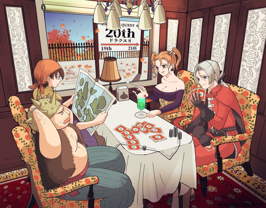 1girl 3boys :q anniversary bandana belt black_gloves breasts c-diamond card cherry closed_eyes commentary_request cream_soda dragon_quest dragon_quest_viii earrings fat fat_man food fruit gloves grey_hair hair_between_eyes hero_(dq8) highres holding holding_card holding_map holding_spoon ice_cream ice_cream_float indoors jessica_albert jewelry kukuru_(dq8) large_breasts map multiple_boys on_chair open_mouth orange_bandana orange_eyes orange_hair playing_card sitting spiked_helmet spoon table tongue tongue_out twintails yangus