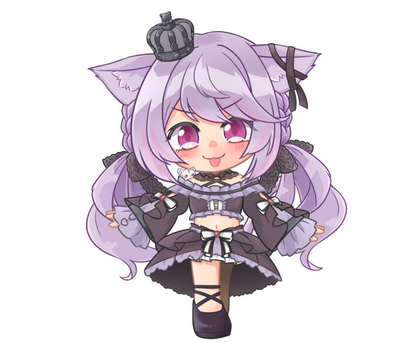 1girl :3 animal_ear_fluff animal_ears black_bow black_collar black_ribbon black_shoes black_skirt black_sleeves black_tube_top blush bow bow_skirt cat_ears chibi closed_mouth collar commentary criss-cross_halter crown detached_collar detached_sleeves ear_ribbon frilled_tube_top frills full_body hair_bow halterneck ina_uruu kica28v long_hair looking_at_viewer low_twintails midriff mini_crown nanashi_inc. navel pink_eyes purple_hair ribbon shoes simple_background skirt smile solo strapless tongue tongue_out tube_top twintails two-tone_bow v-shaped_eyebrows virtual_youtuber white_background white_bow