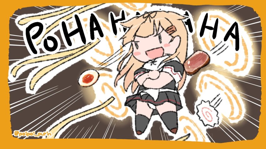 1girl black_background black_shirt black_skirt blonde_hair border chibi commentary_request crossed_arms fate/stay_night fate/unlimited_blade_works fate_(series) food hair_flaps hair_ornament hairclip hardboiled_egg kamaboko kantai_collection long_hair meat narutomaki noodles orange_border panties pantyshot parody poipoi_purin ramen scarf shirt skirt smile solo twitter_username underwear unlimited_blade_works_(reality_marble) white_panties white_scarf yuudachi_(kancolle) yuudachi_kai_ni_(kancolle) |_|