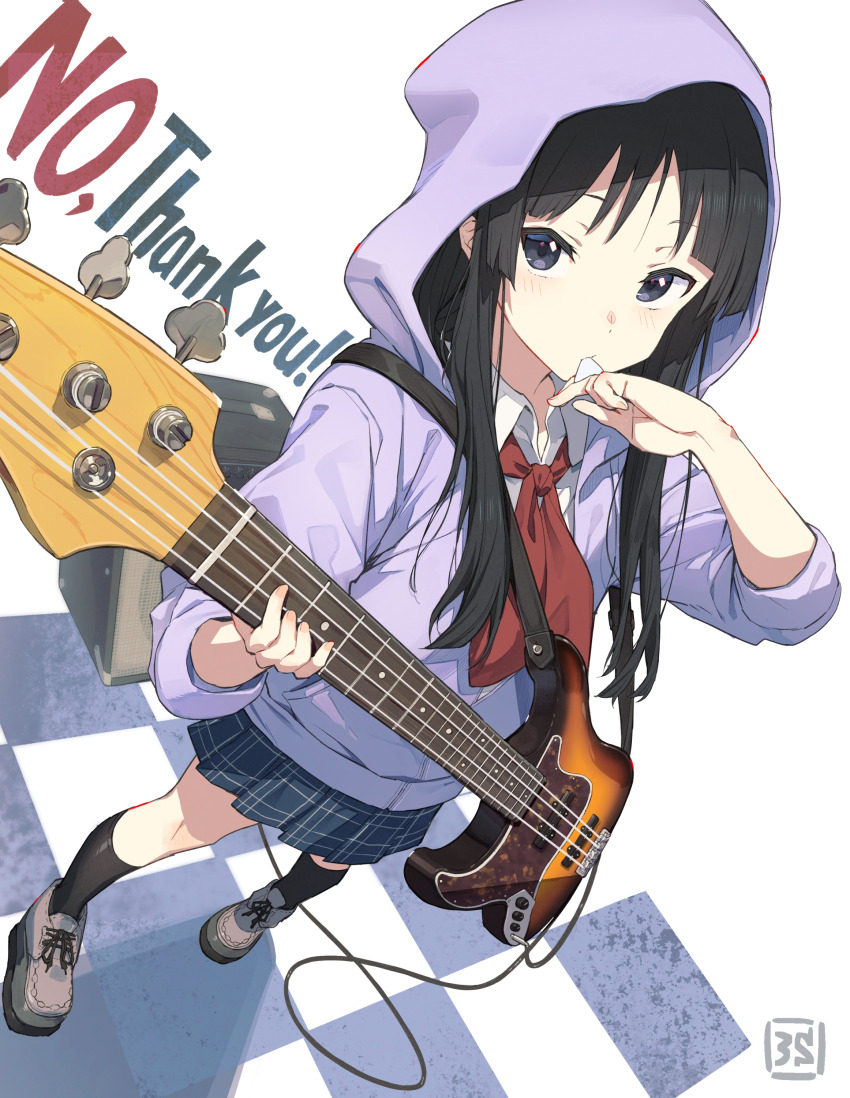 1girl 3s_(tarariko) absurdres akiyama_mio artist_logo bass_guitar black_hair blue_eyes checkered_floor bass_guitar fender_jazz_bass highres holding holding_bass_guitar holding_instrument hood hood_up hooded_jacket hoodie instrument jacket k-on! kneehighs logo long_hair looking_at_viewer music no_thank_you!_(k-on!) playing_instrument pleated_skirt plectrum school_uniform shoes skirt socks solo standing