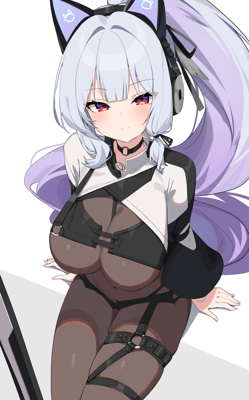 1girl absurdres animal_ear_headphones animal_ears axent_wear black_choker black_shorts bodysuit breasts brown_bodysuit cat_ear_headphones choker cleavage commentary_request commission covered_navel fake_animal_ears headphones highres korean_commentary large_breasts long_hair long_sleeves looking_at_viewer micro_shorts multicolored_hair original ponytail purple_hair red_eyes second-party_source see-through_cleavage see-through_clothes shorts shrug_(clothing) simple_background sitting skindentation smile solo thigh_strap two-tone_hair very_long_hair w.k white_background white_hair white_shrug