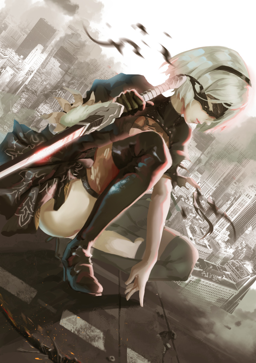 1girl black_blindfold black_dress black_gloves black_hair blindfold boots cityscape cleavage_cutout clothing_cutout dress feather-trimmed_sleeves from_side gloves high_heels highres holding holding_sword holding_weapon katana nier_(series) nier:automata on_roof short_hair single_glove squatting sword thigh_boots thighhighs thighhighs_under_boots wangxiii weapon white_hair 2b_(nier:automata)
