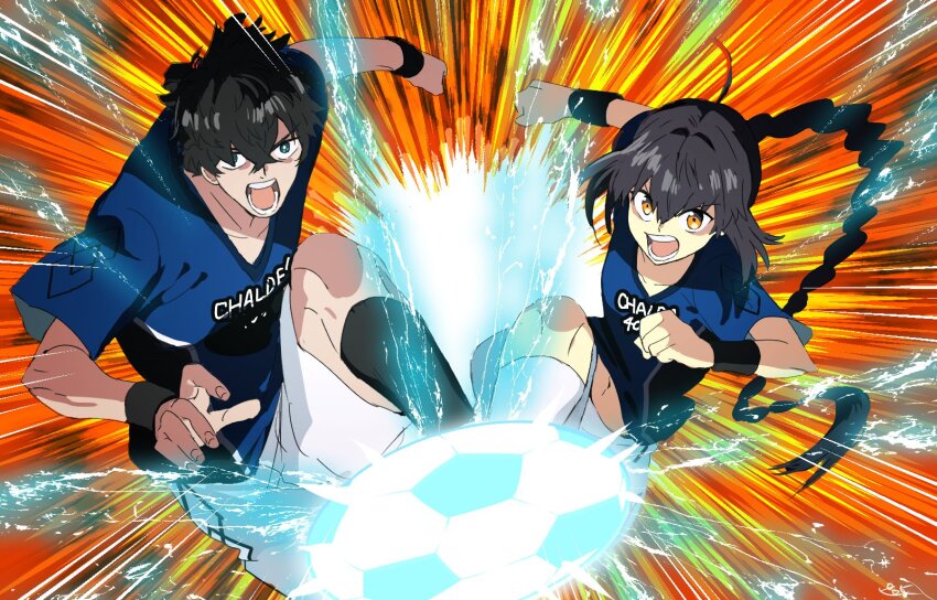 1boy 1other ahoge androgynous ball black_hair black_socks braid braided_ponytail captain_tsubasa chaldea_logo fate/dream_striker fate/grand_order fate/samurai_remnant fate_(series) green_eyes hair_intakes hair_over_one_eye highres miyamoto_iori_(fate) official_alternate_costume parody pirohi_(pirohi214) sidelocks single_braid soccer soccer_ball soccer_uniform socks sportswear topknot v-neck white_socks yamato_takeru_(fate) yellow_eyes