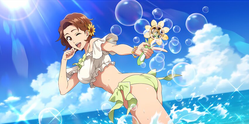 1girl ass bandeau bandeau_bikini beach bead_bracelet beads bikini bleach bleach:_brave_souls bleach:_sennen_kessen-hen blue_sky bow bracelet breasts brown_eyes brown_hair bubble bubble_wand cloud day female_focus flower frilled_bikini frills green_bikini hair_flower hair_ornament hairclip highres holding in_water jewelry kurosaki_masaki lens_flare light_rays looking_at_viewer medium_breasts narrow_waist ocean off_shoulder official_art one_eye_closed open_mouth outdoors ribbon ruffle_bikini shiny_skin short_hair side-tie_bikini_bottom sky smile solo solo_focus sparkle splashing standing standing_in_water summer sun sunflower sunflower_hair_ornament sunlight swimsuit water wink