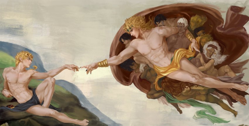 absurdres blonde_hair braid braided_ponytail bussiarati character_request daniel_j._d&#039;arby dark-skinned_male dark_skin dio_brando enrico_pucci enya_geil fine_art_parody giorno_giovanna highres jojo_no_kimyou_na_bouken male_focus multiple_boys muscular n&#039;doul outstretched_arm outstretched_hand parody reaching scar scar_on_neck stardust_crusaders stone_ocean tagme the_creation_of_adam vento_aureo