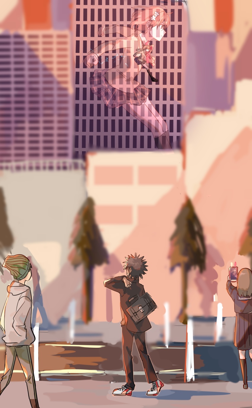 2boys 2girls a_certain_high_school_uniform absurdres bag beanie black_hair brown_eyes brown_hair building cellphone electricity falling gakuran hair_ornament hat highres holding holding_phone hood hoodie jumping kamijou_touma long_hair looking_at_another medium_hair misaka_mikoto multiple_boys multiple_girls nmdsk phone road school_bag school_uniform see-through_silhouette shirt short_hair skirt smartphone spiked_hair toaru_kagaku_no_railgun toaru_kagaku_no_railgun_t toaru_majutsu_no_index tokiwadai_school_uniform tree