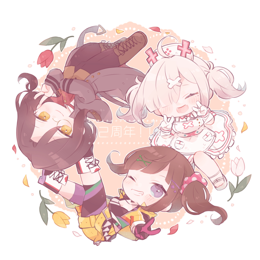 1boy 2girls absurdres apron ascot black_coat black_footwear black_gloves black_hair black_pants black_sports_bra boots brown_footwear brown_hair brown_vest coat double_v dress flower gloves hair_ornament hair_over_one_eye hair_scrunchie hat hayase_sou hayase_sou_(1st_costume) highres jacket lace-up_boots long_hair mole mole_under_eye monocle multicolored_leggings multiple_girls nijisanji nurse nurse_cap open_clothes open_coat open_jacket pants pink_scrunchie polka_dot polka_dot_scrunchie purple_eyes red_ascot red_flower red_gloves red_tulip scrunchie shellin_burgundy shellin_burgundy_(1st_costume) shorts side_ponytail smile sports_bra sukoya_kana sukoya_kana_(1st_costume) tulip tulip-gumi_(nijisanji) twintails two-tone_gloves v vest virtual_youtuber white_apron white_dress white_flower white_tulip x_hair_ornament yellow_eyes yellow_flower yellow_jacket yellow_shorts yellow_tulip yuki_(yu_kix8)