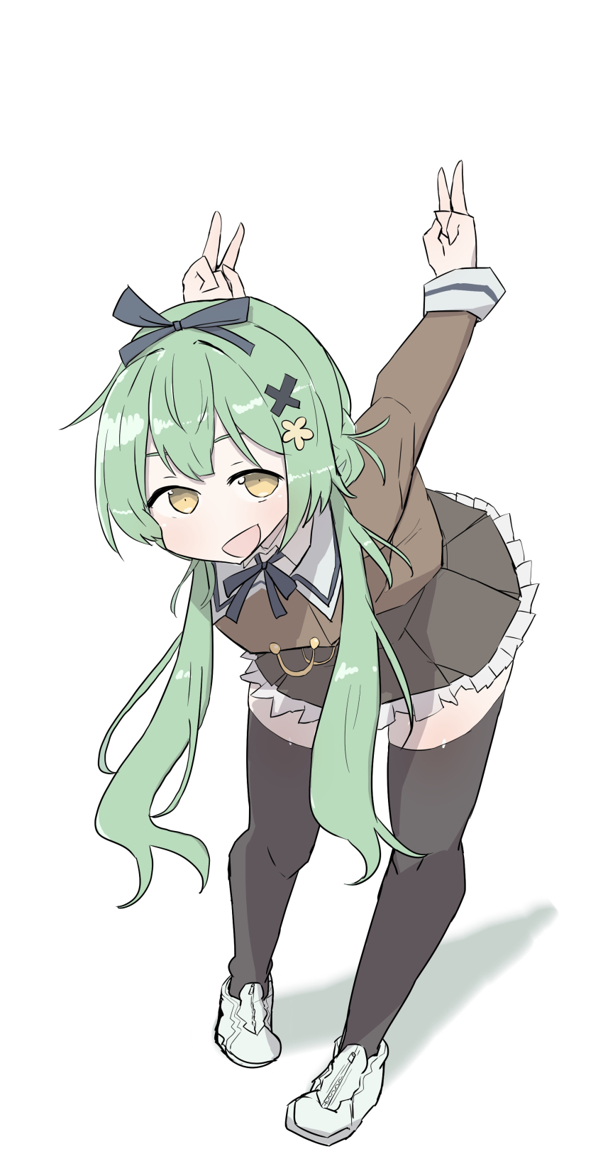 1girl :d absurdres arms_behind_back arms_up assault_lily black_ribbon black_thighhighs brown_jacket brown_skirt commentary_request cropped_jacket double_v flower frilled_skirt frills full_body green_hair hair_flower hair_ornament hair_ribbon highres jacket leaning_forward long_hair long_sleeves looking_at_viewer low_twintails miniskirt neck_ribbon open_mouth outstretched_arms pleated_skirt ribbon school_uniform shoes simple_background skirt smile sneakers solo standing thighhighs twintails ueda_imari unbabaa v white_background white_shoes x_hair_ornament yellow_eyes yellow_flower zettai_ryouiki zipper_footwear zipper_pull_tab