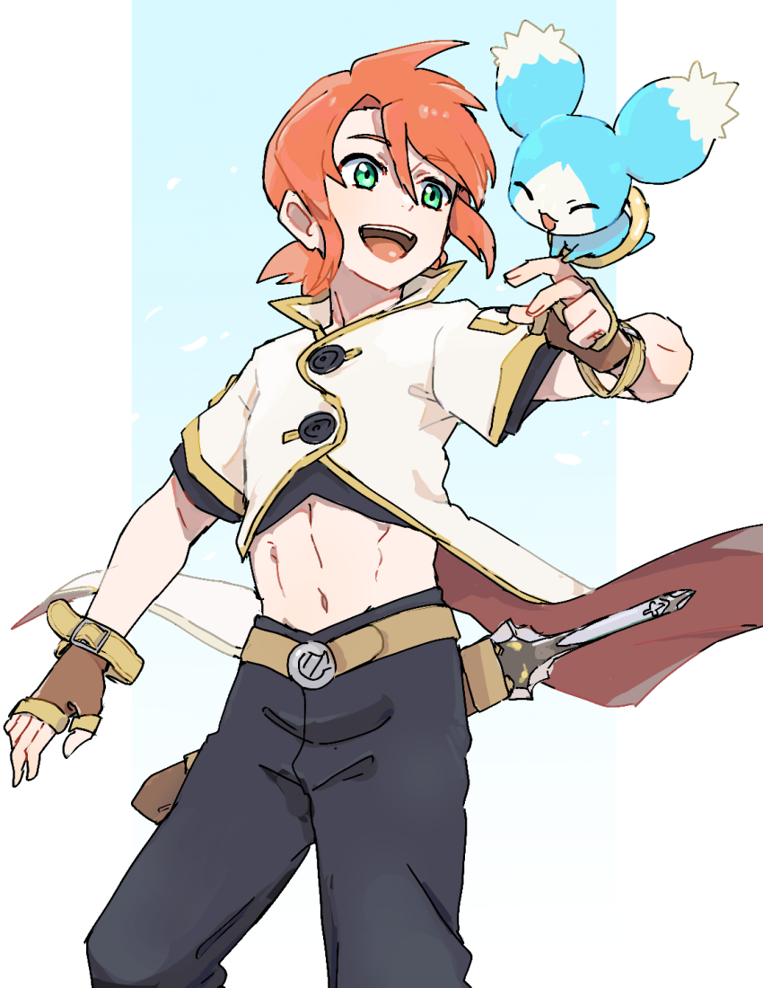 1boy azuma_yukihiko belt black_pants black_skirt brown_gloves buttons closed_mouth commentary creature cropped_shirt feet_out_of_frame fingerless_gloves floating gloves gradient_background green_eyes hair_between_eyes happy highres jacket looking_at_another luke_fon_fabre midriff mieu_(tales) navel open_mouth pants red_hair short_hair short_sleeves skirt smile sword sword_on_back tales_of_(series) tales_of_the_abyss weapon weapon_on_back white_jacket
