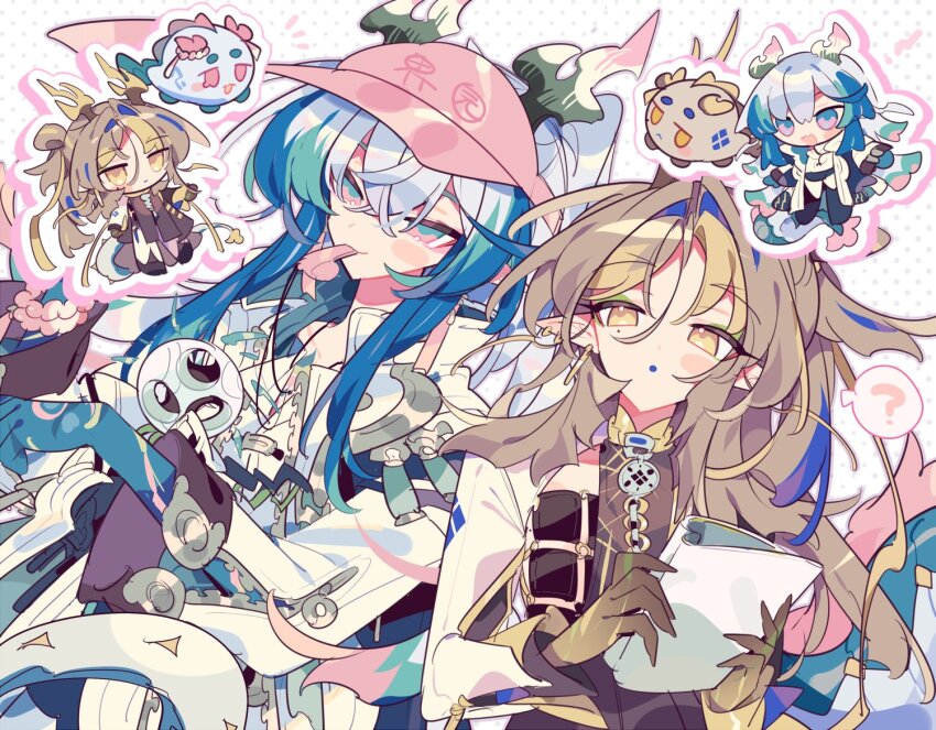 2boys alternate_costume arknights blonde_hair blue_eyes blue_hair blue_skin blush_stickers brothers brown_hair chibi chibi_inset colored_extremities colored_skin commentary dark_skin dragon_boy dragon_horns dragon_tail drop_shadow hat holding holding_paper horns ji_(arknights) long_hair male_focus multicolored_eyes multicolored_hair multiple_boys outline paper pink_eyes pink_hair pink_hat polka_dot polka_dot_background ponytail siblings sidelocks streaked_hair symbol-only_commentary tail two-tone_eyes upper_body visor_cap whistle white_background yi_(arknights) ym_dpl