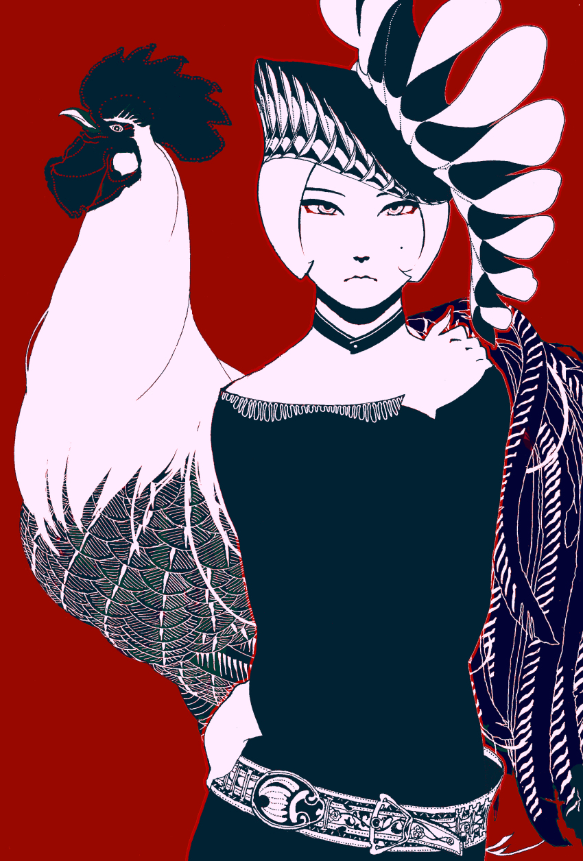 1girl absurdres belt bird chicken expressionless frills hat highres kondou_totetsu limited_palette looking_at_viewer mole mole_on_cheek original red_background rooster self_hug short_hair straight-on