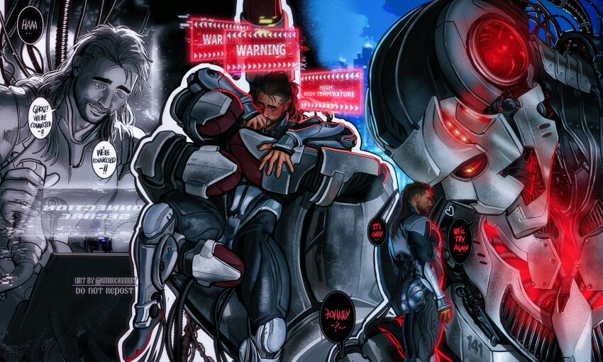 2boys armor bara black_bodysuit black_hair blush bodysuit call_of_duty call_of_duty:_modern_warfare_2 english_text facial_hair ghost_(modern_warfare_2) highres large_pectorals long_hair male_focus mecha multiple_boys multiple_views muscular muscular_male pectorals robot smile twitter_username umikochannart