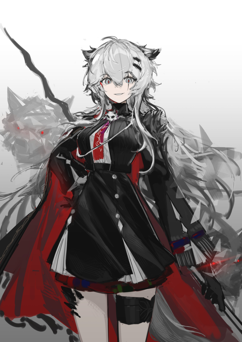 1girl absurdres aiguillette animal_ears arknights black_gloves black_skirt breasts brooch buttons cape commentary cowboy_shot fang_bai_doufu_wu fangs gloves glowing glowing_eye gradient_background grey_background grey_eyes grey_hair grey_tail grin hair_between_eyes hair_ornament hairclip hand_on_own_hip high-waist_skirt high_collar highres holding holding_weapon jewelry lappland_(arknights) lappland_the_decadenza_(arknights) layered_skirt layered_sleeves legs_apart long_hair long_sleeves looking_at_viewer material_growth medium_breasts messy_hair miniskirt necktie official_alternate_costume oripathy_lesion_(arknights) pale_skin red_cape red_necktie red_pupils scar scar_across_eye scar_on_face shirt shirt_tucked_in shoulder_pads single_shoulder_pad skirt smile solo standing tail teeth thigh_strap weapon white_background white_shirt wolf_ears wolf_girl wolf_tail