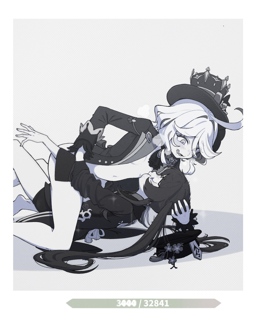 2girls absurdres ahoge ascot assertive_female asymmetrical_gloves bare_legs blazer blush border bottomless breast_sucking breasts breath brooch cheek_bulge chinese_commentary clothed_sex commentary_request curly_hair drooling female_pervert flower forced from_side furina_(genshin_impact) gameplay_mechanics genshin_impact girl_on_top gloves grabbing_another&#039;s_arm grey_background greyscale hair_intakes hat hat_flower head_grab health_bar highres holding_another&#039;s_arm hu_tao_(genshin_impact) huge_ahoge jacket jewelry licking_lips long_hair long_sleeves looking_at_another looking_down lying mismatched_gloves monochrome multiple_girls naked_jacket navel on_side open_clothes open_jacket open_mouth pervert plum_blossoms polka_dot polka_dot_background porkpie_hat profile raised_inner_eyebrows rolling_eyes saliva sanpaku short_hair short_shorts shorts simple_background small_breasts stomach straddling tansuan_n tassel tongue tongue_out top_hat turn_pale twintails unworn_hat unworn_headwear very_long_hair white_border yuri