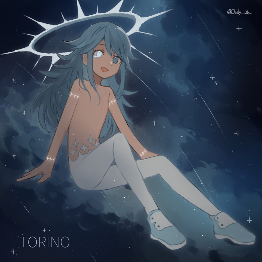 1other androgynous blue_eyes blue_footwear blue_hair character_name dark_skin galaxy glowing glowing_eye halo highres long_hair mili_(band) no_nipples ooya_(july_26) open_mouth other_focus pants sidelocks signature sitting smile solo sparkle star_(sky) tears topless_other torino_(mili) very_long_hair white_pants