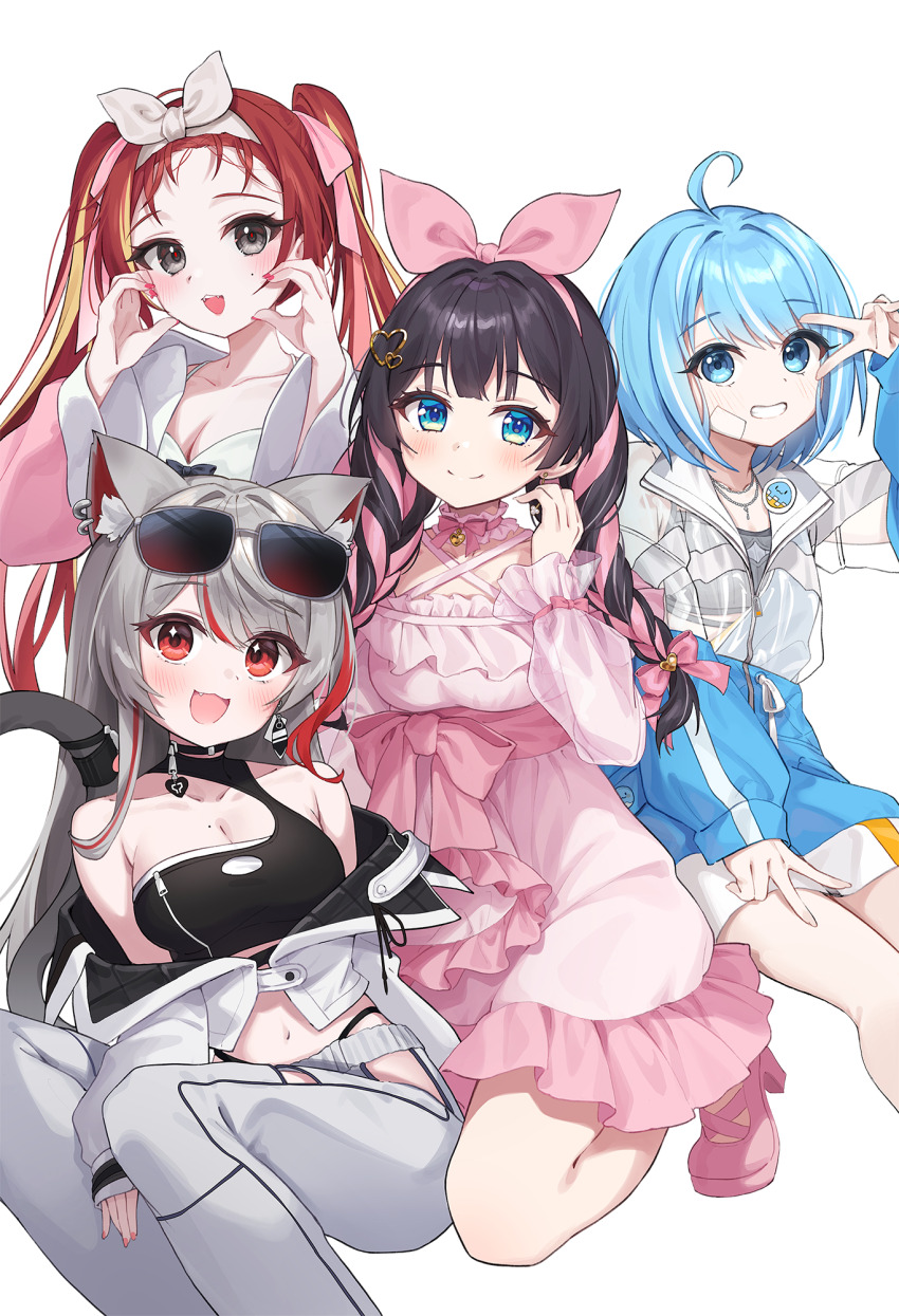 4girls :d ahoge akane_lize animal_ear_fluff animal_ears arahashi_tabi bare_shoulders black_hair blonde_hair blue_eyes blue_hair blue_jacket bow breasts cat_ears cat_girl cat_tail chobi_(penguin_paradise) cleavage closed_mouth collarbone commentary_request dress eyewear_on_head frilled_dress frills grey_eyes grey_hair grey_hairband grey_pants grey_ribbon grin hair_bow hair_ornament hairband heart heart_hair_ornament highres jacket long_hair long_sleeves looking_at_viewer medium_breasts multicolored_hair multiple_girls nail_polish navel neneko_mashiro open_clothes open_jacket open_mouth pants pink_bow pink_dress pink_hairband pink_jacket pink_ribbon pink_shoes red_eyes red_hair red_nails ribbon shirayuki_hina shoes simple_background sleeves_past_wrists smile stellive streaked_hair sunglasses tail twintails v v_over_eye very_long_hair white_background white_jacket wide_sleeves