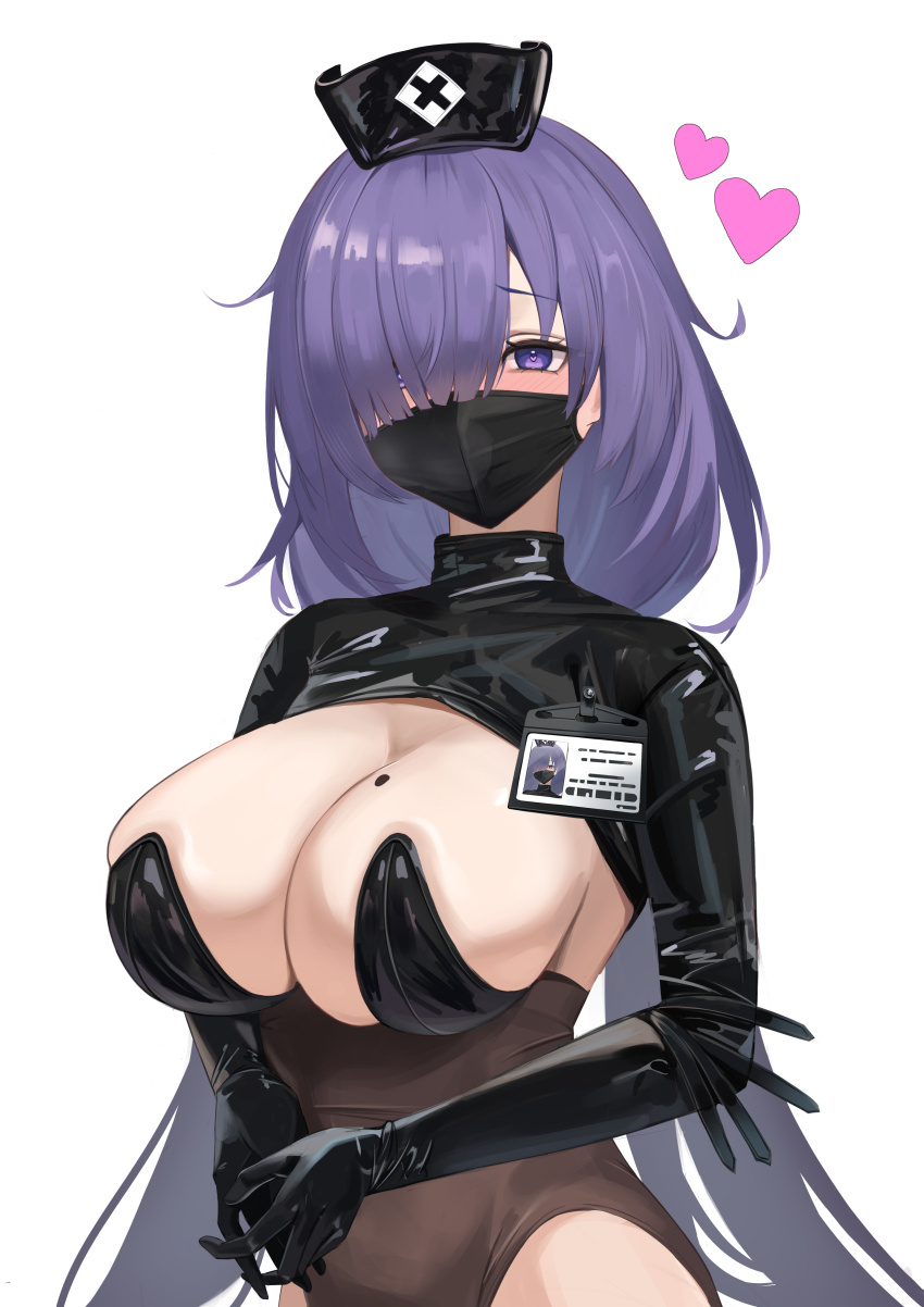 1girl absurdres azur_lane black_gloves black_hat black_leotard black_shrug blush breasts cleavage commentary covered_mouth gloves gradient_hair grey_hair hair_over_one_eye hat heart highleg highleg_leotard highres id_card large_breasts latex_shrug leotard long_hair mask mogador_(azur_lane) mogador_(olfactory_nursery_call)_(azur_lane) mole mole_on_breast mouth_mask multicolored_hair nurse_cap official_alternate_costume one_eye_covered own_hands_together purple_eyes purple_hair remapack77 shrug_(clothing) simple_background solo strapless strapless_leotard white_background