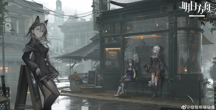 3girls absurdres animal_ear_fluff animal_ears arknights black_coat black_footwear black_jacket black_pantyhose black_vest blue_gloves blue_necktie blue_shorts boboyo breasts building carriage coat commentary_request copyright_name display extra_ears fingerless_gloves gloves grey_eyes grey_hair highres jacket lappland_(arknights) lappland_the_decadenza_(arknights) large_breasts menu_board mole mole_above_eye multiple_girls necktie outdoors pantyhose pantyhose_under_shorts penance_(arknights) power_lines road shop shorts sign sitting standing storefront street texas_(arknights) texas_the_omertosa_(arknights) tower vest white_footwear window wolf_ears wolf_girl yellow_eyes