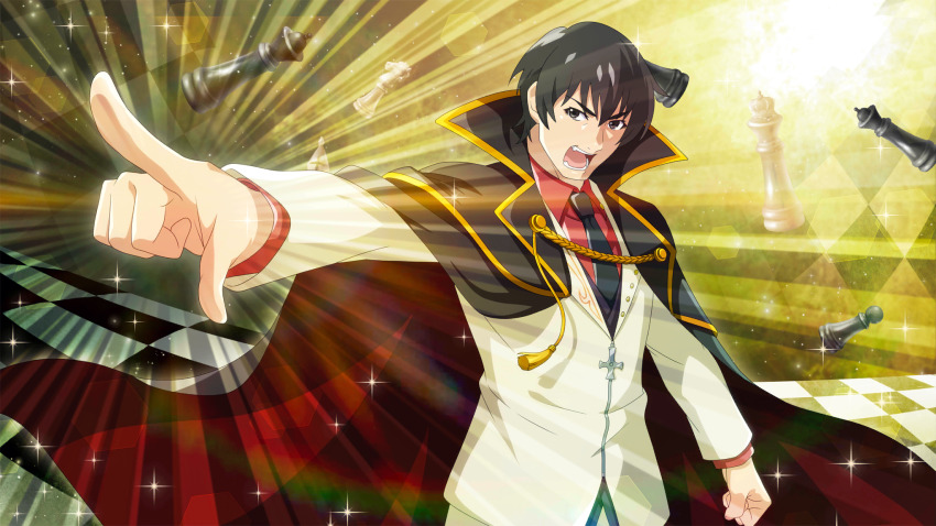 1boy akasaka_mamoru black_eyes black_hair black_necktie cape chess_piece chessboard clenched_hand collared_shirt cosplay cowboy_shot emphasis_lines game_cg highres higurashi_no_naku_koro_ni higurashi_no_naku_koro_ni_mei jacket king_(chess) knight_(chess) lens_flare light_particles long_sleeves looking_to_the_side necktie non-circular_lens_flare non-web_source official_art open_mouth pawn_(chess) pointing red_shirt shirt short_hair solo sparkle standing teeth umineko_no_naku_koro_ni ushiromiya_battler ushiromiya_battler_(cosplay) voice_actor_connection white_jacket