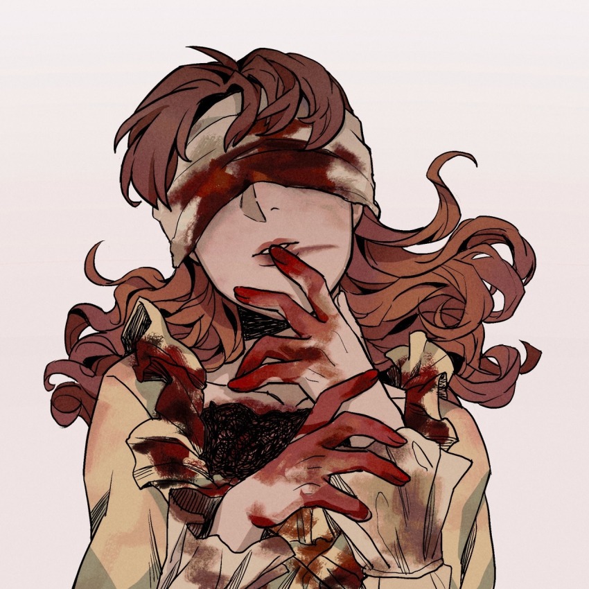1girl animification black_shirt blood blood_on_clothes blood_on_hands brown_dress brown_hair collarbone dead_by_daylight die_(kurosb) dress facing_viewer frilled_shirt frills grey_background head_tilt highres long_hair parted_lips shirt solo the_nurse_(dead_by_daylight)