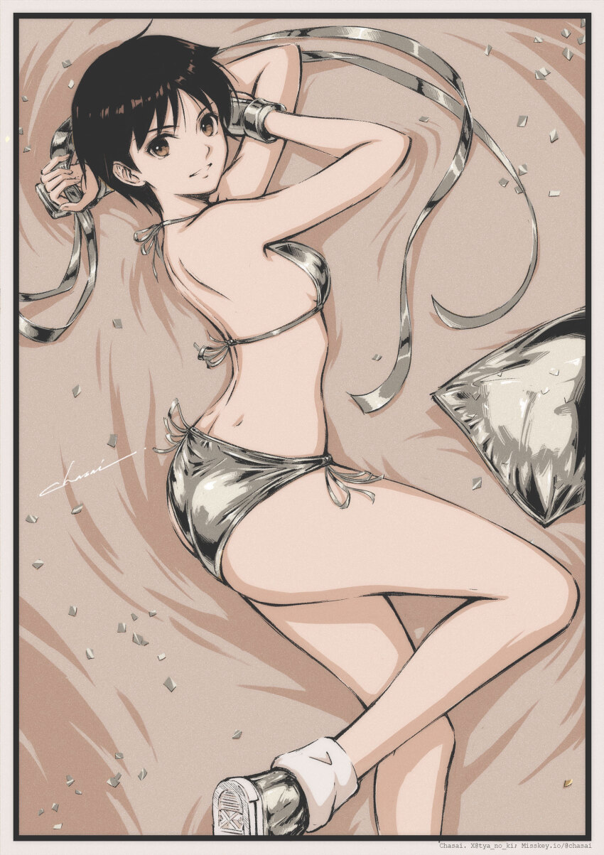 1girl absurdres ass bikini border breasts brown_eyes brown_hair female_focus highres kasugano_sakura looking_at_viewer lying matching_hair/eyes on_side shoes short_hair side-tie_bikini_bottom sideboob signature silver_bikini silver_shoes small_breasts smile solo street_fighter string_bikini swimsuit twitter_username tyanoki watermark web_address