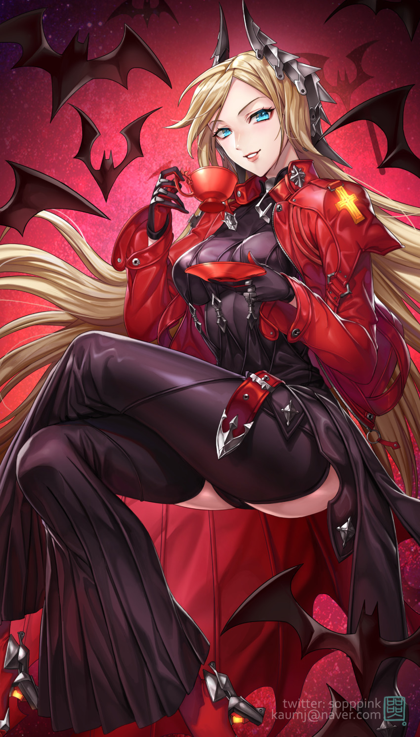 1girl absurdres alchemy_stars bat_(animal) belt black_gloves blonde_hair blue_eyes box_(hotpppink) breasts cup detached_pants gloves grin high_heels highres horns jacket crossed_legs long_hair looking_at_viewer saucer smile solo very_long_hair victoria_(alchemy_stars)