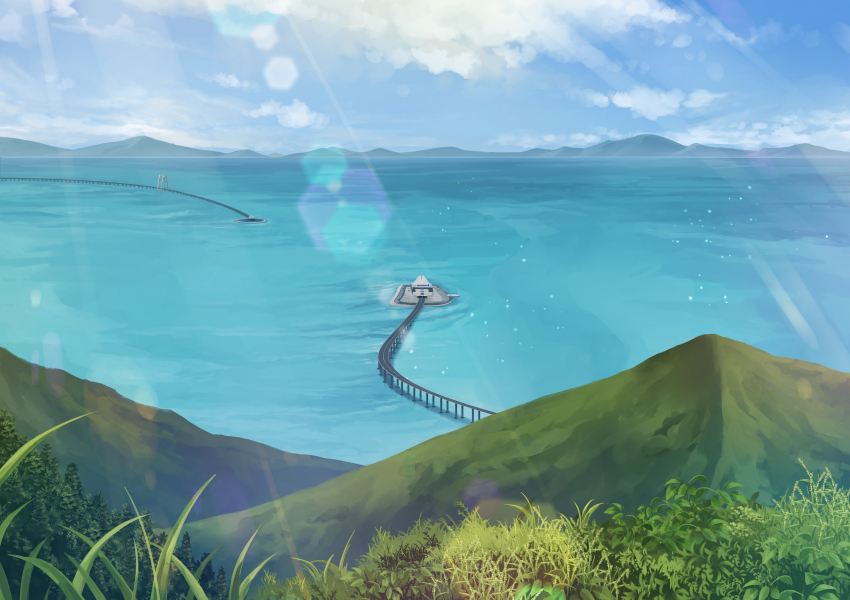 blue_sky bridge check_commentary china cloud commentary_request highres hill lens_flare light_particles light_rays no_humans non-circular_lens_flare ocean original plant scenery sky sunlight vegetation yurakusai