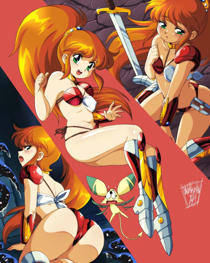 1girl all_fours armor armored_boots ass bikini bikini_armor blush boots breasts cameltoe caron_(rall) character_request covered_erect_nipples cream_lemon danmakuman defeat green_eyes hand_on_own_chest highres long_hair looking_back multicolored_bikini multiple_views navel open_mouth orange_hair ponytail red_bikini sf_choujigen_densetsu_rall shoulder_armor side-tie_bikini_bottom sitting slime_(substance) small_breasts smile swimsuit sword tentacles thighs two-tone_bikini weapon white_bikini