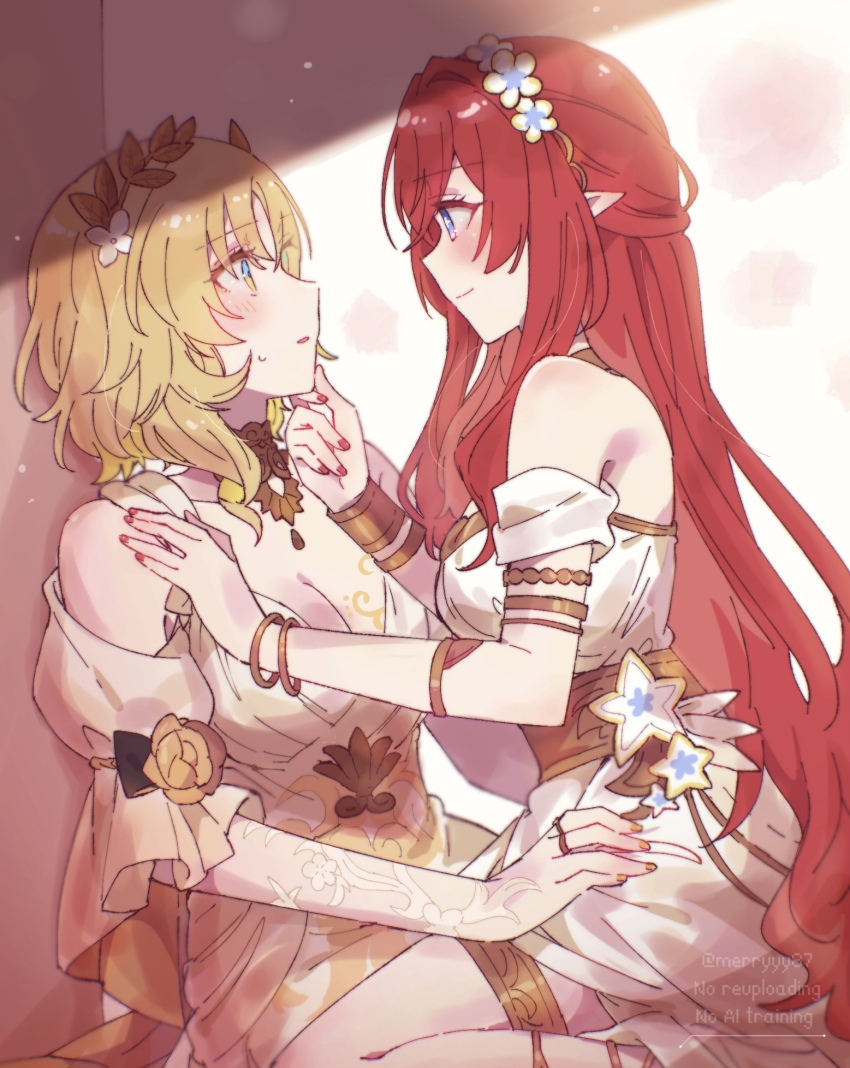 2girls aglaea_(honkai:_star_rail) blue_eyes breast_tattoo breasts cleavage dress gold_tattoo green_eyes hand_on_another&#039;s_cheek hand_on_another&#039;s_face highres honkai:_star_rail honkai_(series) jewelry large_breasts laurel_crown long_hair looking_at_another multiple_girls pointy_ears red_hair red_nails ring smile sorimachi-doufu tattoo tribios_(honkai:_star_rail) very_long_hair white_dress yuri