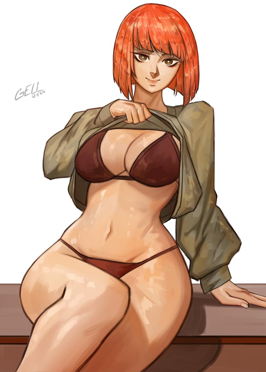 1girl absurdres arm_support artist_name bikini breasts brown_eyes cleavage clothes_lift gell0829 highres large_breasts legs lifting_own_clothes looking_at_viewer mature_female mcdonald&#039;s mother_(yoru_mac) navel orange_hair orange_lips red_bikini short_hair sitting smile sweater sweater_lift swimsuit thighs yoru_mac