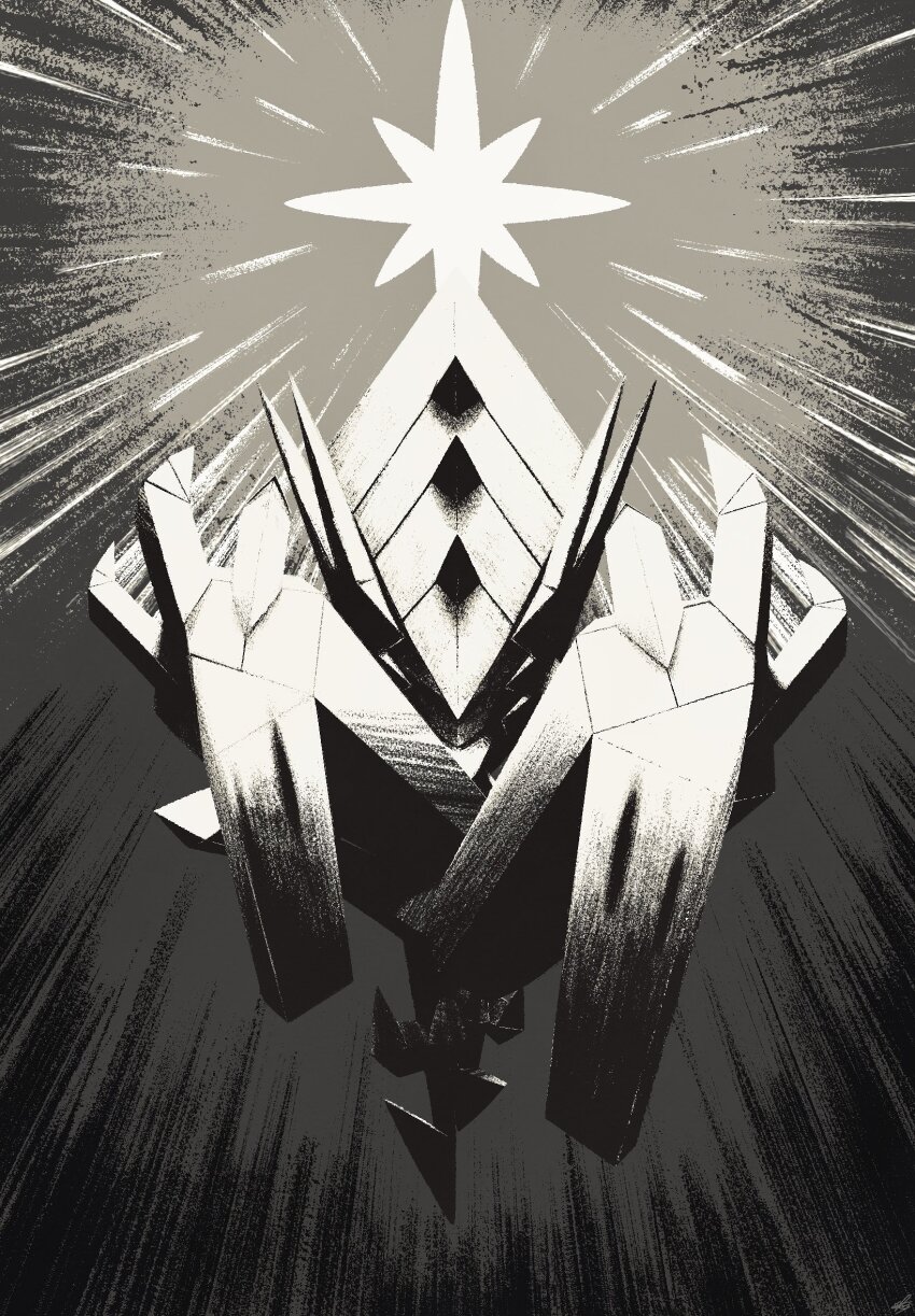 backlighting claws crystal ewokakukaede gen_7_pokemon greyscale hands_up head_down highres legendary_pokemon light light_rays monochrome necrozma necrozma_(normal) nintendo no_humans pokemon pokemon_(creature) pokemon_focus shade shadow spikes star_(symbol) x_arms