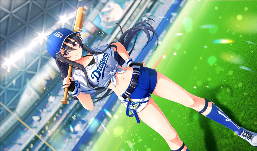 1girl baseball_bat baseball_cap baseball_stadium baseball_uniform belt belt_buckle black_belt black_gloves black_hair black_undershirt blue_hat blue_socks blurry buckle chunichi_dragons cinderella_series closed_mouth depth_of_field dutch_angle film_grain fingerless_gloves foot_out_of_frame game_cg gloves hachigatsu_no_cinderella_nine hair_between_eyes hand_on_own_hip hat high_ponytail highres holding holding_baseball_bat indoors lens_flare light_particles long_hair looking_at_viewer nagoya_dome navel nippon_professional_baseball non-web_source official_alternate_hairstyle official_art on_grass ponytail red_eyes shinonome_ryo shirt short_sleeves shorts sidelocks smile socks solo sportswear standing tied_shirt two-tone_shorts two-tone_wristband v-shaped_eyebrows very_long_hair white_footwear white_shirt wristband