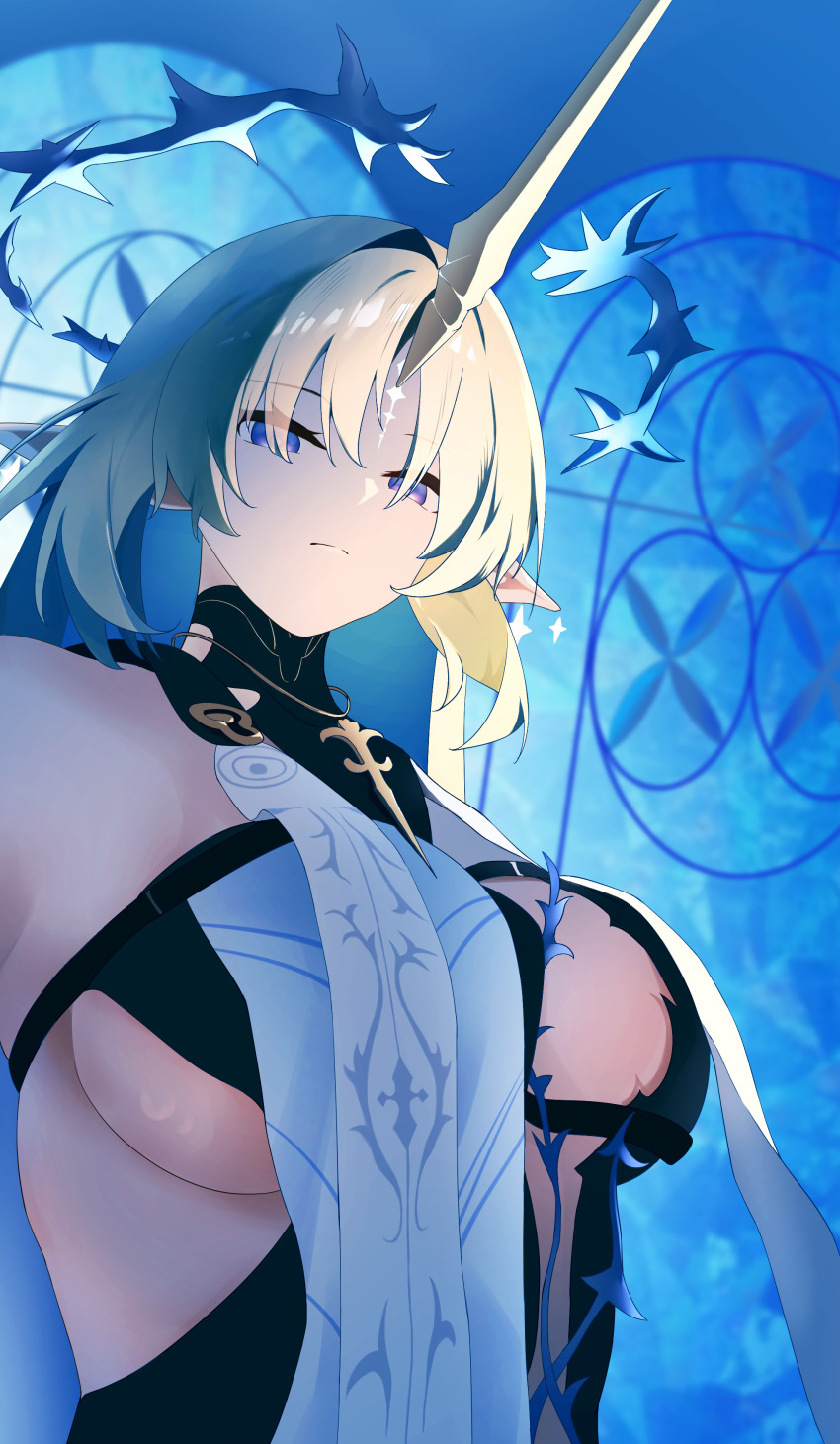 1girl absurdres blonde_hair blue_eyes blue_hair breasts closed_mouth colored_inner_hair commentary crown_of_thorns fleur_de_lapin_uniform fleurdelys_(wuthering_waves) highres horns huge_breasts jewelry long_horns looking_at_viewer luckyyeah multicolored_hair necklace sidelocks single_horn solo tacet_mark_(wuthering_waves) upper_body wuthering_waves yellow_horns