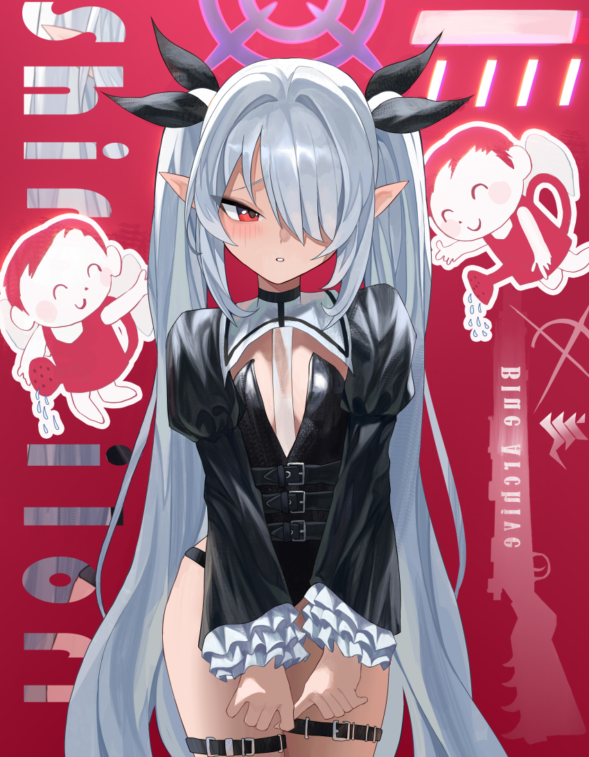1girl 863255464 absurdres blue_archive blush breasts cleavage commentary_request cowboy_shot dark_skin doodle_sensei_(blue_archive) frilled_sleeves frills hair_intakes highres iori_(blue_archive) looking_at_viewer parted_lips pointy_ears red_eyes sensei_(blue_archive) small_breasts thigh_strap twintails white_hair
