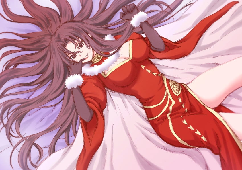 1girl bad_id bad_pixiv_id black_gloves breasts brown_eyes brown_hair cape china_dress chinese_clothes cimon cleavage_cutout clothing_cutout dress from_above gloves hades_project_zeorymer hades_project_zeorymer_omega highres large_breasts long_hair looking_at_viewer lying on_back parted_bangs parted_lips red_dress smile solo tara_nobori very_long_hair white_cape