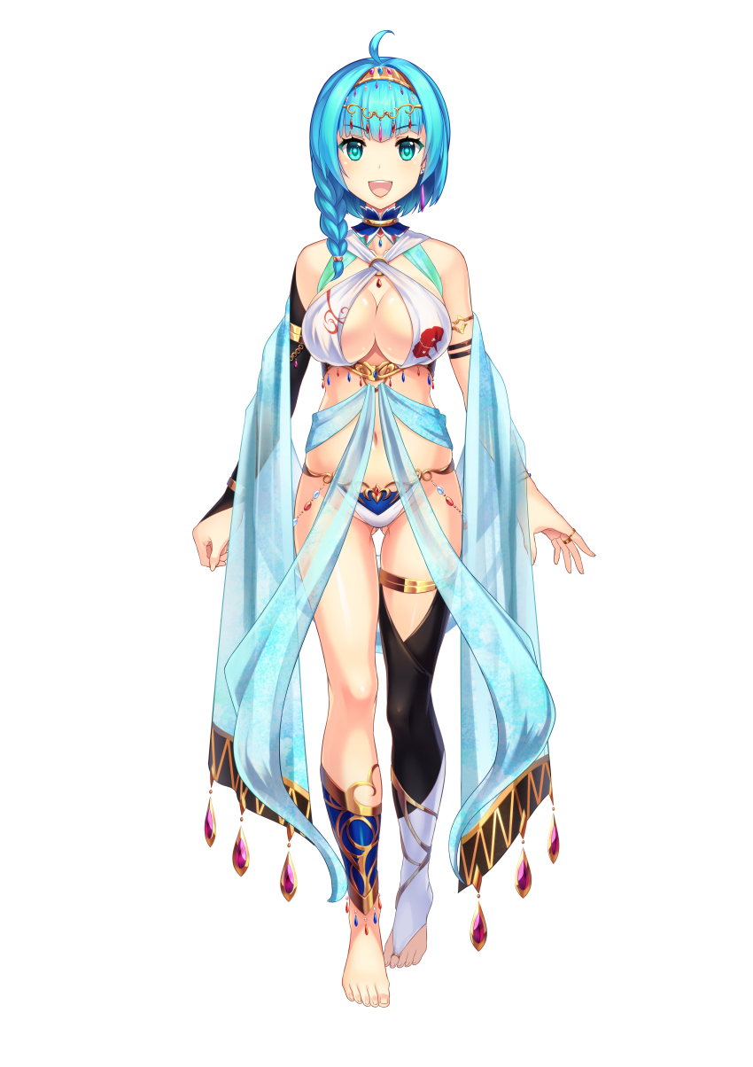 1girl absurdres ahoge anklet aqua_eyes aqua_hair armlet bangle bare_shoulders barefoot bikini blunt_bangs bracelet braid breasts bridal_gauntlets center_opening chain choker collar collarbone commentary_request criss-cross_halter dancer earrings elbow_gloves female_focus fingerless_gloves floral_print flower-shaped_pupils full_body gem gloves gluteal_fold gold_choker groin hairband halterneck highres jewelry large_breasts luupechi midriff navel o-ring o-ring_top open_mouth original revealing_clothes ring shawl sidelocks simple_background single_braid single_elbow_glove single_fingerless_glove single_shin_guard single_thighhigh solo standing straight-on swimsuit symbol-shaped_pupils symbol_in_eye tachi-e tagme thigh_gap thighhighs tiara white_background