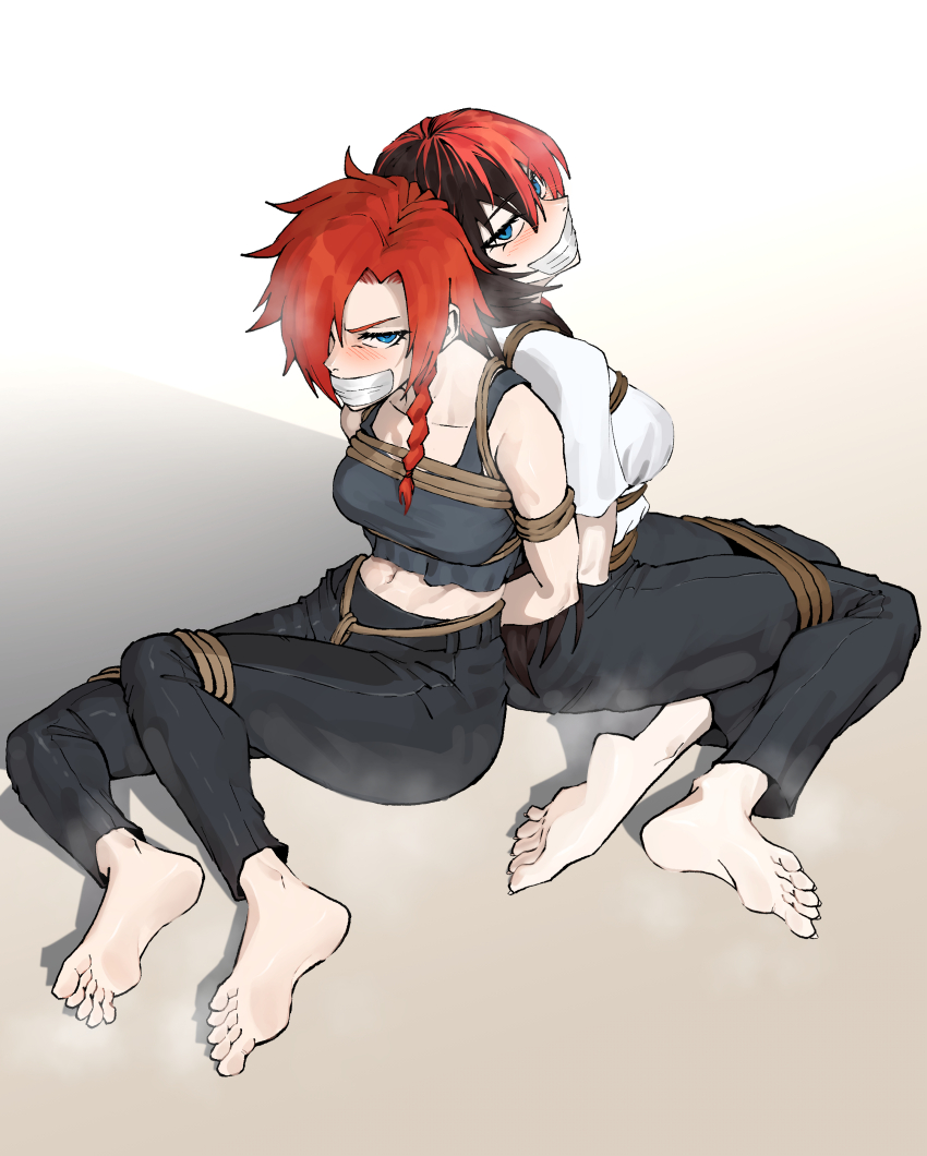 2girls absurdres angry ass barefoot black_hair blue_eyes blush bound bound_arms bound_legs bound_together breasts crop_top denim dingotoad gag highres huge_ass improvised_gag jeans large_breasts looking_at_viewer multicolored_hair multiple_girls original pants red_hair sweat tape tape_gag two-tone_hair
