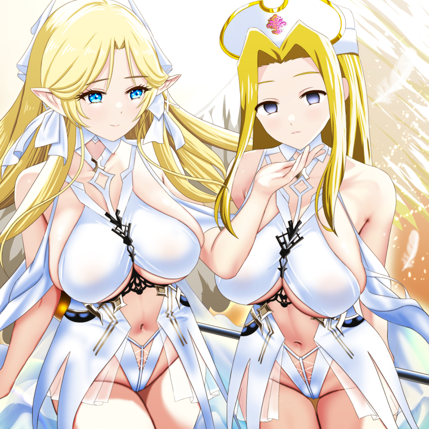 2girls aimerluna azur_lane bare_shoulders blank_eyes blonde_hair blue_eyes breasts brest_(azur_lane) brest_(azur_lane)_(cosplay) closed_mouth commission corruption cosplay dark_persona dress hand_on_another&#039;s_chin hat highres iris_libre_(emblem) large_breasts long_hair looking_at_viewer mind_control mint_adenade multiple_girls navel nurse_cap parted_bangs pixiv_commission pointy_ears revealing_clothes stomach tales_of_(series) tales_of_phantasia white_dress