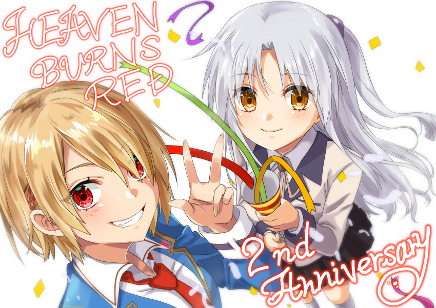 2girls absurdres angel_beats! anniversary aya_(0707) black_skirt blonde_hair blue_jacket blush closed_mouth collared_shirt commentary_request confetti copyright_name english_text eyelashes eyes_visible_through_hair foreshortening from_above grin hair_ornament hair_over_one_eye hairclip hand_up happy heaven_burns_red highres holding holding_party_popper jacket kayamori_ruka long_hair looking_at_viewer miniskirt multiple_girls neck_ribbon necktie party_popper pleated_skirt ponytail red_eyes red_necktie ribbon school_uniform shirt short_hair short_ponytail simple_background skirt smile tenshi_(angel_beats!) w white_background white_hair white_shirt yellow_eyes yellow_jacket yellow_ribbon
