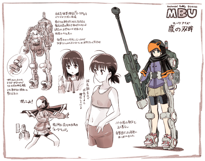 1girl 1other ahoge bike_shorts bike_shorts_under_shorts black_hair bra capelet commentary denim denim_shorts green_eyes gun hair_between_eyes hawk_(mechanical_buddy_universe) hawkeyes_(mechanical_buddy_universe) highres holding holding_gun holding_weapon hood hooded_capelet hooded_jacket jacket kato_takuji low_ponytail mechanical_buddy_universe navel ponytail power_suit reference_sheet rifle shoes short_hair short_ponytail shorts sneakers sniper_rifle training_bra translation_request underwear weapon