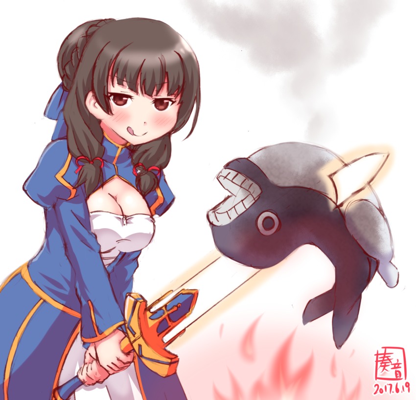 1girl :q abyssal_ship alternate_costume alternate_hairstyle artist_logo artoria_pendragon_(fate) bow breasts cleavage commentary_request cosplay dated excalibur_(fate/stay_night) fate/stay_night fate_(series) female_focus fire hair_bow hair_bun highres holding holding_sword holding_weapon i-class_destroyer impaled isokaze_(kancolle) kanon_(kurogane_knights) kantai_collection kawasumi_ayako logo long_hair saber_(fate) saber_(fate)_(cosplay) single_hair_bun sketch solo stab sword tongue tongue_out weapon