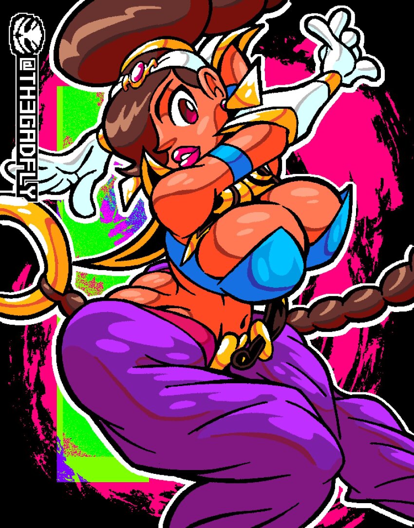 1girl ass breasts brown_eyes brown_hair butt_crack crop_top dark-skinned_female dark_skin earrings gloves highres jewelry large_breasts lipstick long_hair makeup pants power_stone rouge_(power_stone) th3gadfly