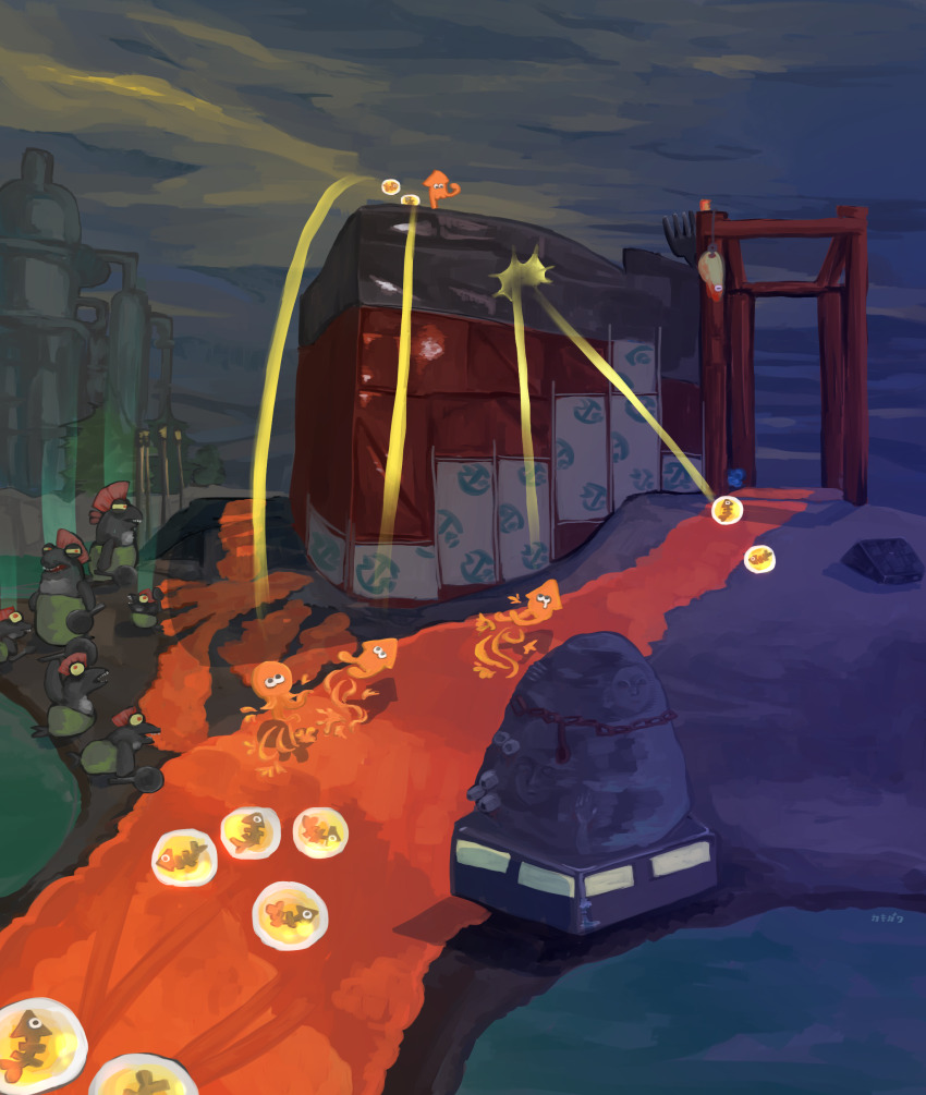 absurdres artist_name black_eyes boulder bulging_eyes chain chum_(splatoon) cloud cohock_(splatoon) colored_sclera ebifurai_kakigwa failure fish frying_pan gameplay_mechanics golden_egg_(splatoon) grey_sky half-closed_eyes highres holding holding_frying_pan holding_spoon in-universe_location inkling inkling_(swim_form) looking_up nintendo no_humans octoling octoling_(swim_form) octopus outdoors red_eyes salmon_run_(splatoon) shaking_fist signature sky smallfry_(splatoon) splatoon_(series) splatoon_3 spoon squid tears wide_shot yellow_sclera
