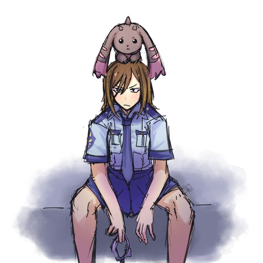 1girl date_makiko digimon digimon_(creature) digimon_story:_cyber_sleuth highres horns looking_at_viewer lopmon police police_uniform policewoman rabbit