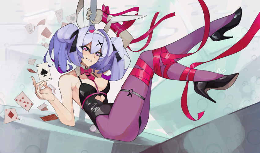 1girl absurdres ace_(playing_card) ace_of_hearts animal_ears arm_over_head bad_link bare_shoulders between_breasts black_leotard black_shoes blue_eyes blue_hair bound bound_calves bound_knees bound_legs bow bowtie breasts card cleavage clothing_cutout collarbone cutout_above_navel deo_artist detached_collar fake_animal_ears garter_belt grin hair_ornament hatsune_miku headband heart heart_cutout heart_hair_ornament heart_headband high_heels highres holding holding_card holding_pole legs_up leotard long_hair looking_at_viewer medium_breasts necktie necktie_between_breasts pantyhose pink_bow pink_bowtie pink_necktie pink_pupils playboy_bunny playing_card pole protected_link pumps purple_pantyhose rabbit_ears rabbit_hole_(vocaloid) rabbit_tail red_ribbon ribbon ribbon_bondage second-party_source seductive_smile shoes sitting smile solo stripper_pole tail twintails vocaloid white_headband x_hair_ornament